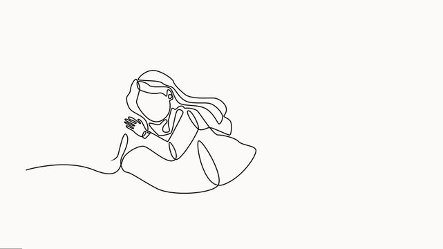 Animated self drawing of Woman sleeping on pillow bed continuous one line drawing, potentially depicting her resting or sleeping vector style, minimalist woman lying down,  simple illustration.