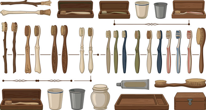 Vintage antique toothbrushes and historic oral hygiene kit featuring medieval bone wooden miswak sticks cases cups toothpaste and retro brush vectors