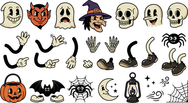 Vintage Halloween rubber hose cartoon character creation kit featuring retro spooky mascot parts ghost witch skull pumpkin and horror elements