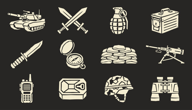 Military tactical equipment icon set for game design and combat strategy assets