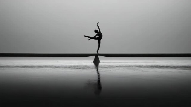 Ballerina silhouette performing graceful dance movements on a narrow beam over water in a minimalist black and white artistic video sequence clip
