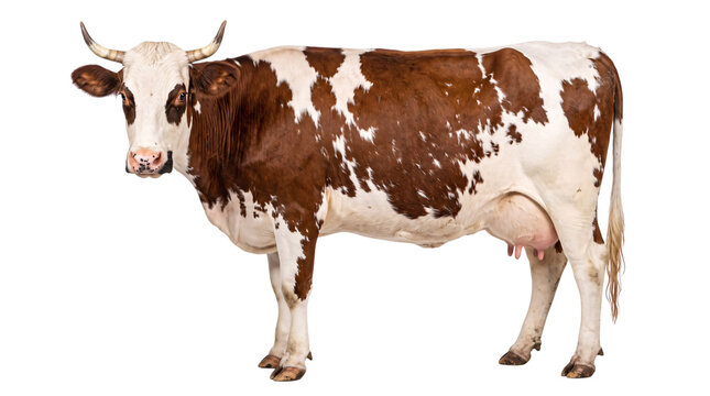 Brown and white spotted dairy cow standing on png isolated on transparent background