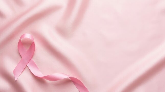 Pink satin breast cancer awareness ribbon curved on soft pink silk fabric background with copy space