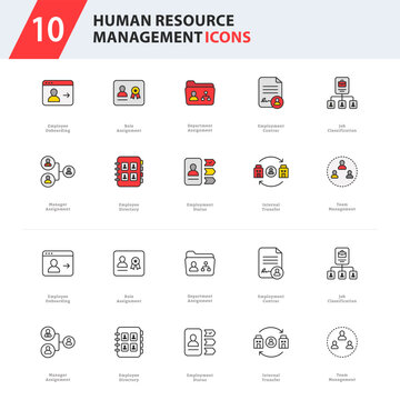 human resource management icon collection featuring employee onboarding, workforce organization, employment records, and team administration.
