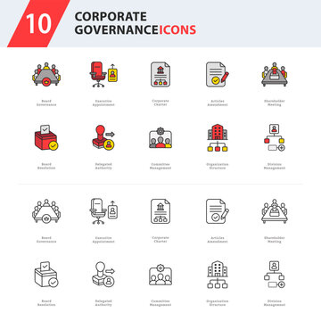 corporate governance icon collection featuring board administration, executive authority, governance documentation, committees, and organizational structure for enterprise applications.

