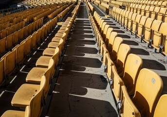 Fototapeta premium Rows of Empty Yellow Plastic Seats in a Large Sports Stadium with Strong Shadows and Geometric Patterns