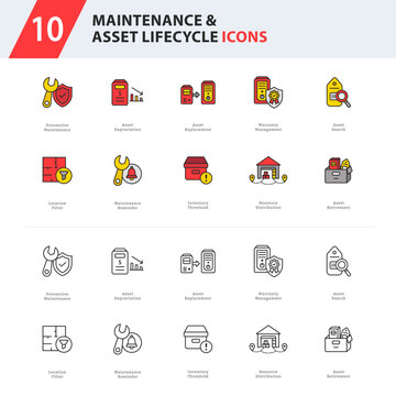 maintenance and asset lifecycle icon collection featuring preventive maintenance, asset monitoring, inventory management, resource allocation, and facility operations.
