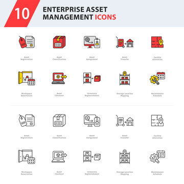 enterprise asset management icon collection featuring asset lifecycle, inventory operations, facility management, workplace administration, and maintenance scheduling.
