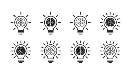 Set of glowing light bulb icons with brain inside symbol isolated on transparent background idea concept. © Md