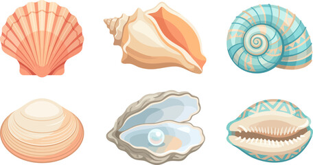 Set of six colorful seashells in diverse shapes including a pearl oyster and conch for marine life summer beach designs © Firdaus