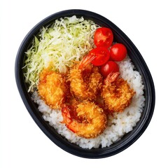 Fototapeta premium Delicious shrimp bento with rice and fresh vegetables.
