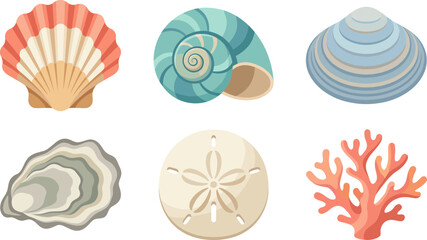 Set of diverse colorful sea shells and coral reef elements rendered in clean flat style for nautical and marine design © Firdaus