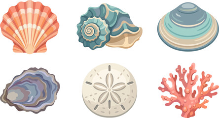 Set of colorful marine seashells and coral reef elements rendered in a clean flat style for summer themed beach graphic projects © Firdaus