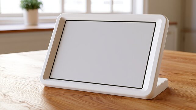 Elegant minimalist smart tablet stand with sleek white finish resting on a polished wooden surface in a modern indoor setting