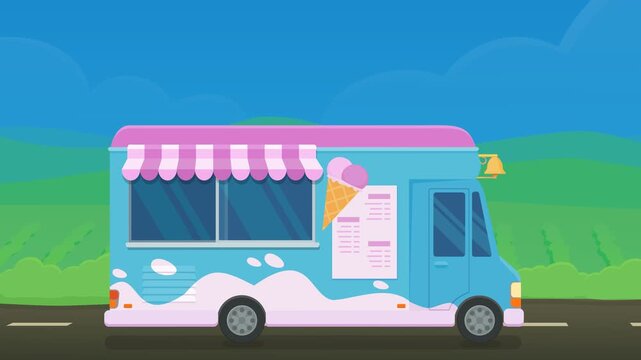 Animated ice cream truck driving on road representing summer vacation, childhood nostalgia, street food, and sweet refreshment. (loopable)