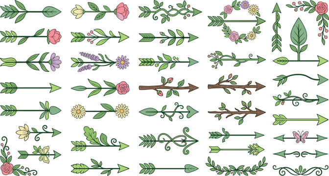Boho floral arrow vector set with hand drawn botanical elements leaves blossoms branches rustic wreaths and decorative borders