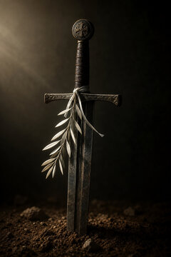 Heavy sword plunged into earth with a white olive branch tied to its hilt.