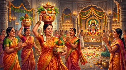 Fototapeta premium Indian women in colorful traditional sarees celebrating festival with decorated kalash pots inside temple, diwali celebration, festive ritual.