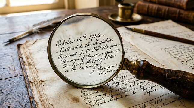 Antique magnifying glass focusing on historical 1789 manuscript on desk