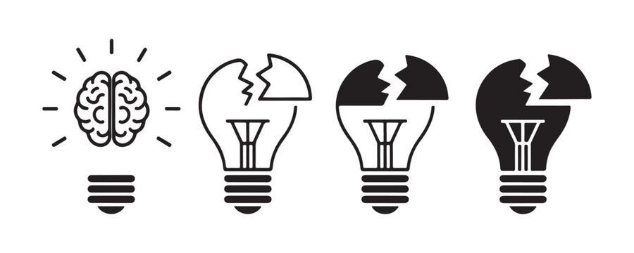 Set of lightbulb icons with brain and broken elements, representing ideas and failure concepts.
