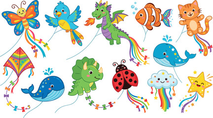 Obraz premium Cute kawaii animal flying kites vector icon set featuring butterfly bird dragon fish cat dinosaur whale ladybug cloud and star,