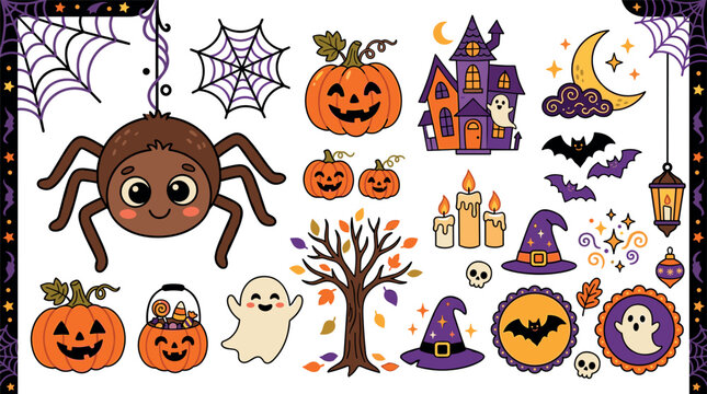 Cute Halloween vector icon set featuring a kawaii spider pumpkins haunted house ghosts spiderwebs witch hats and festive borders