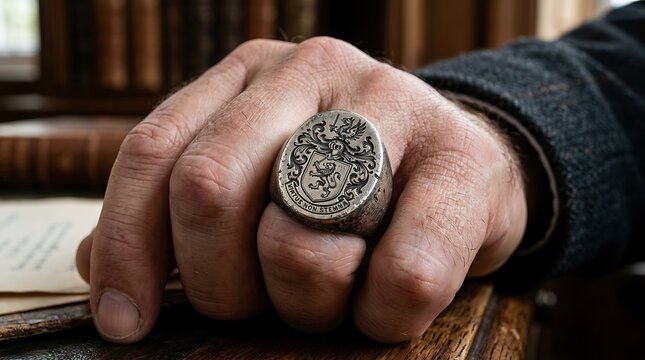 Close-up of a man wearing a silver heraldic signet ring on his finger