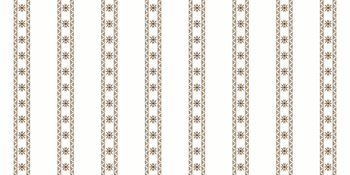 Seamless brown floral motif vertical stripe vector pattern with ornamental lace borders for rustic textile wallpaper des