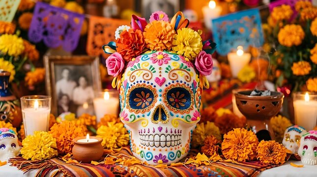 Colorful sugar skull centerpiece of a traditional Day of the Dead altar
