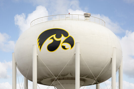Iowa City, IA, USA - October 28, 2025: The University of Iowa is a public research university that was established in 1847 and the oldest and largest in Iowa. School water tower.
