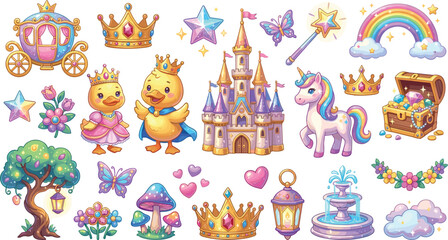 Fototapeta premium Cute princess fairytale vector element set with magic castle unicorn duckling royals carriage rainbows crowns and treasure chests