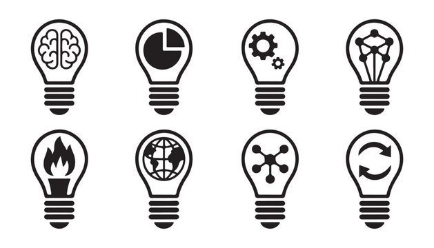 Minimalist light bulb silhouette icons with various internal symbols for business and technology use.