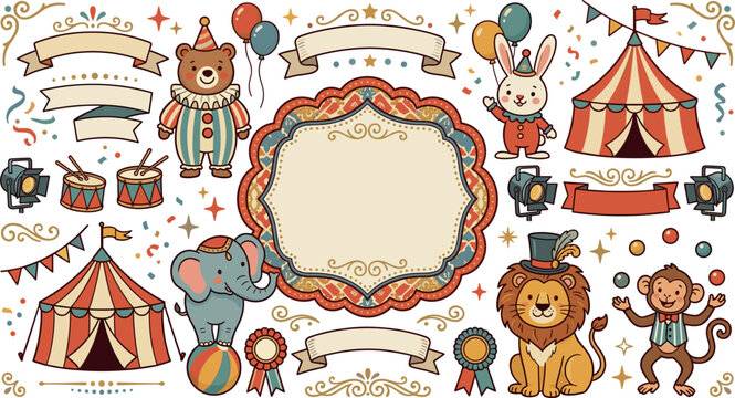 Vintage circus carnival character creation kit featuring cute retro animals tent frames ribbons lion elephant bear and monkey vectors