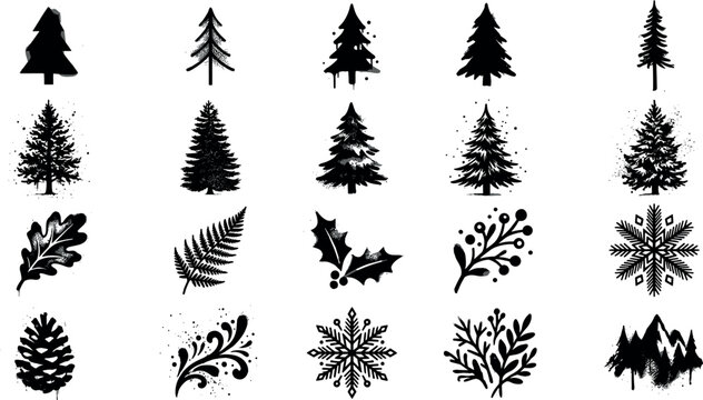 Winter nature graffiti vector icon set featuring pine trees snowflakes pinecone leaves mountain elements and urban paint drip silhouettes.