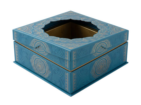 Decorative blue square gift box with gold floral patterns
