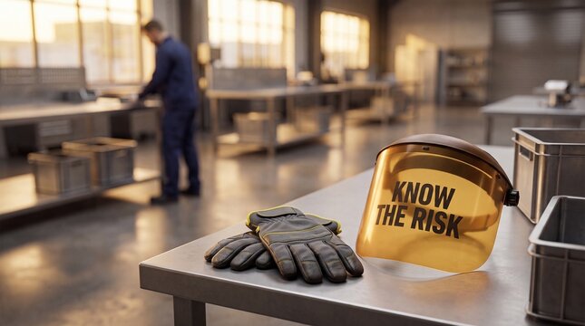 Safety equipment featuring know the risk text on protective face shield in industrial work environment