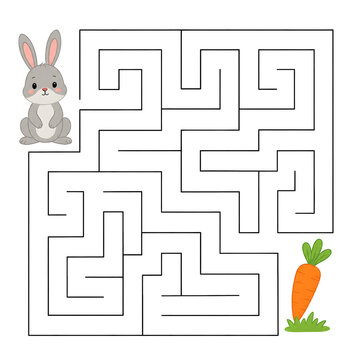 Cute Bunny Maze Puzzle Game for Kids - Educational Labyrinth Activity with Carrot- Illustration for Worksheet Coloring Book