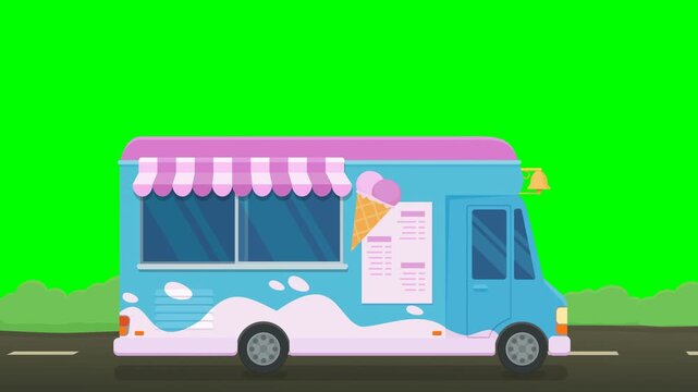 Animated ice cream truck driving representing summer vacation, childhood nostalgia, street food, and refreshment. Chroma key green screen with alpha channel. (loopable)