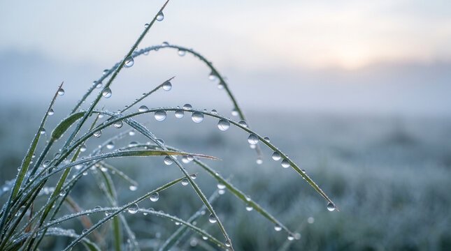 Dew drops on grass blades in cold misty morning light