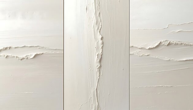 Textured abstract artwork composed of three vertical panels, thick layered sculpted white material with raised ridges and smooth areas, central vertical ridge and side panels featuring horizontal wave