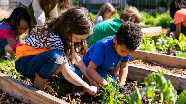 Elementary school children planting vegetables in a school garden during spring science class with teacher supervising