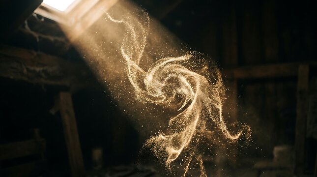 Golden glowing dust particles swirling in a dark attic light beam