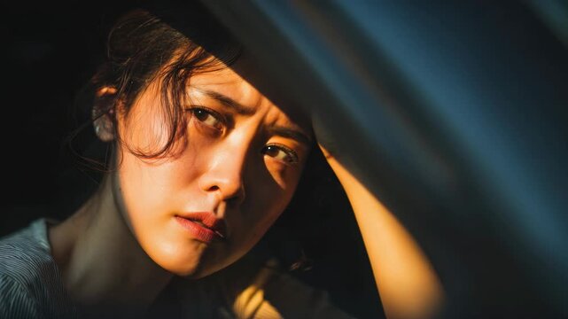 Young Asian woman looking out of a car window with dramatic golden hour lighting, cinematic portrait of a thoughtful female traveler in evening