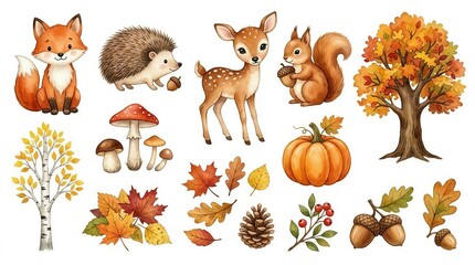 Fototapeta premium Autumn woodland animal illustration fox deer hedgehog squirrel pumpkin mushrooms fall leaves cozy forest photo