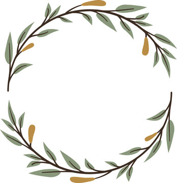 An illustrated olive branch arches to form a circular frame with leaves and fruit.