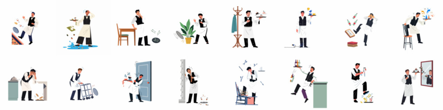 Set of comical illustrations depicting a clumsy waiter experiencing various accidents and funny mishaps while serving food and drinks in a restaurant.