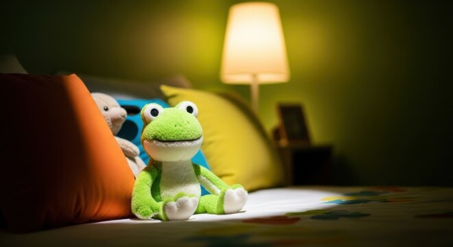 Cozy Bedroom Scene With Plush Frog And Warm Lamp Light At Night
