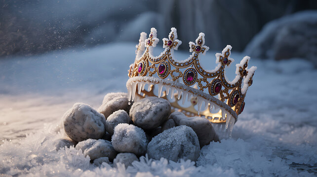 Frozen golden crown with red gems on icy rocks, majestic royal tiara in winter snow, cinematic fantasy king crown
