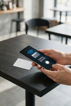 Close up of person using smartphone for mobile banking or contactless credit card payment at cafe table, fintech concept