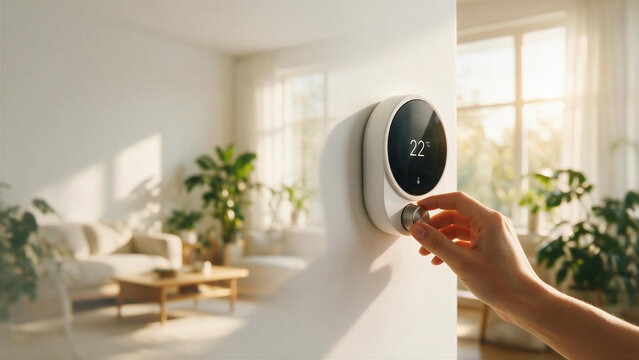 Close up of hand adjusting a modern smart home thermostat on the wall, sunlit cozy living room interior blurred in the background, energy efficiency concept